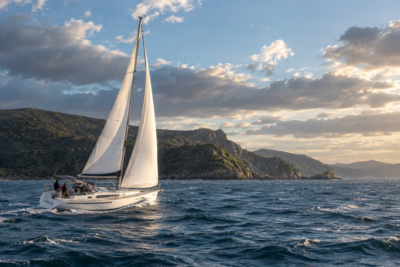 Cruising yacht sailing along a rugged Australian coast