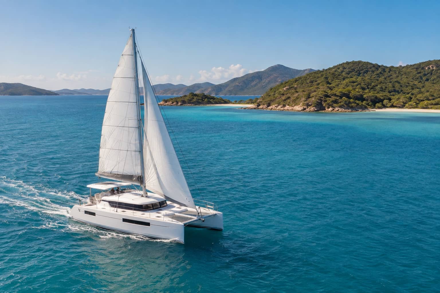Modern cruising catamaran sailing through tropical Australian coastal waters