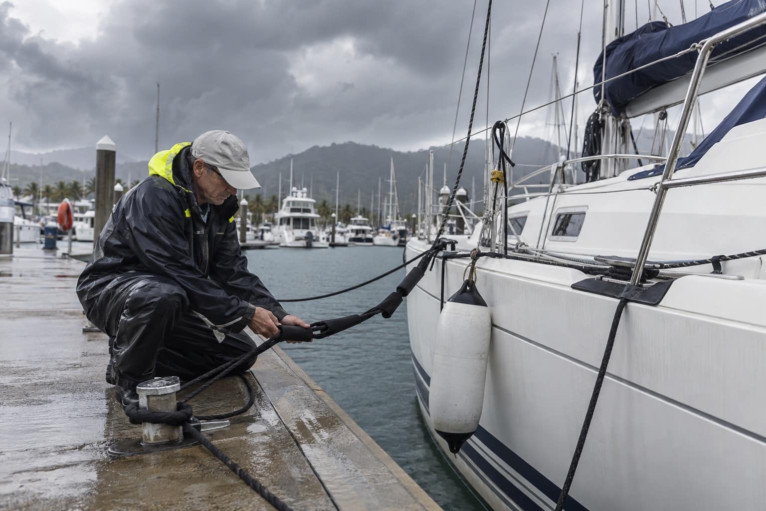 Yacht owner checking doubled marina lines before severe tropical weather