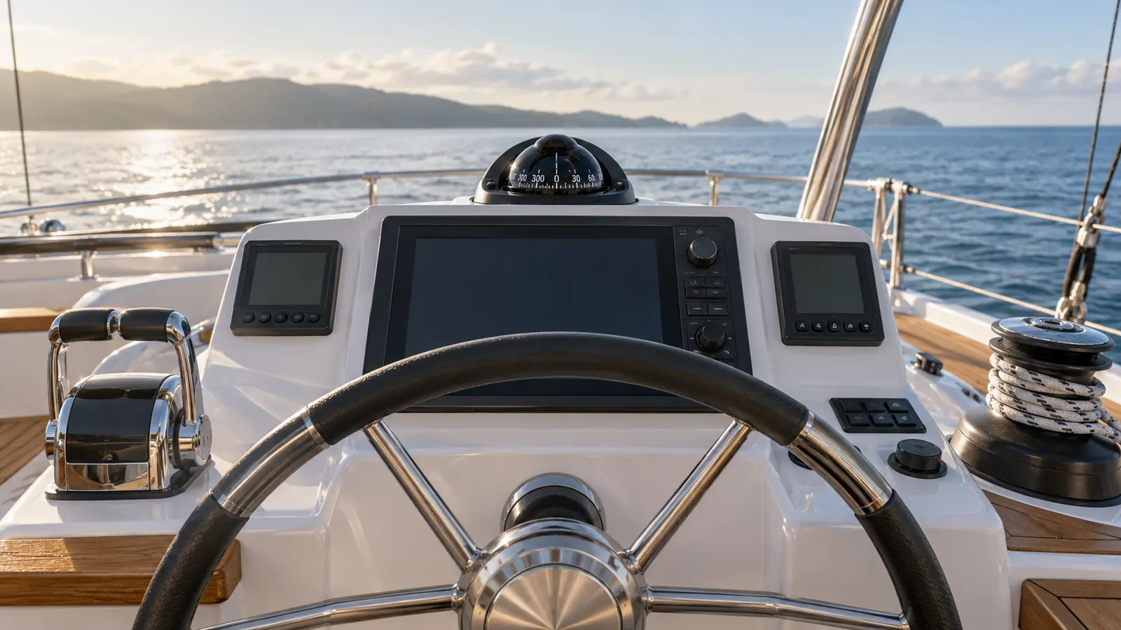 Yacht helm with wheel, compass and unlit navigation instruments