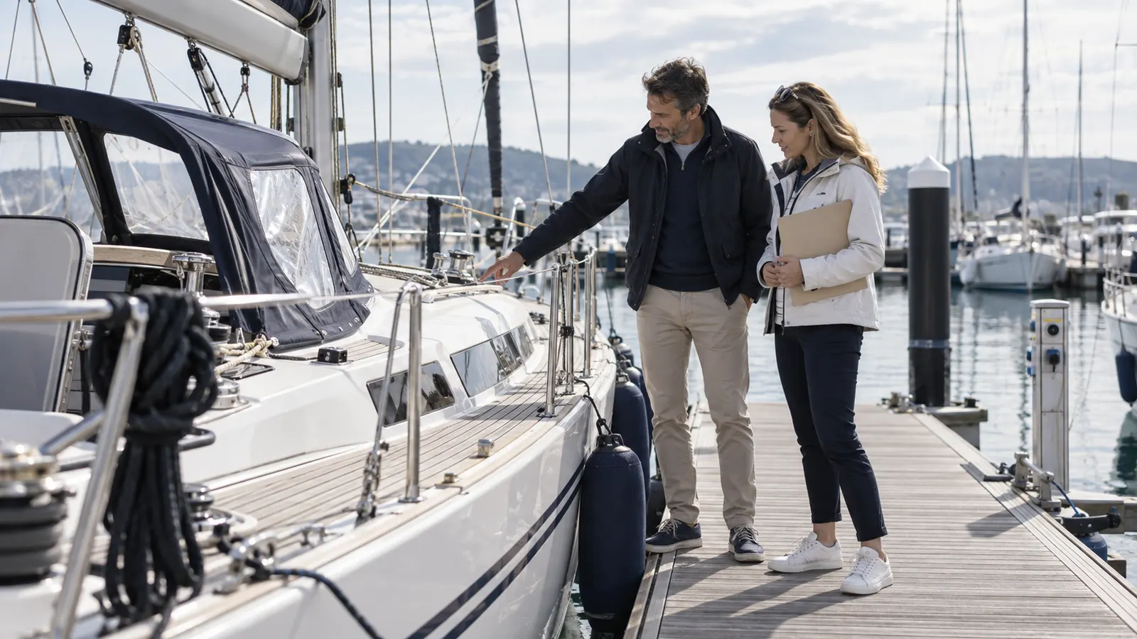 Two adults examining a yacht beside a marina pontoon