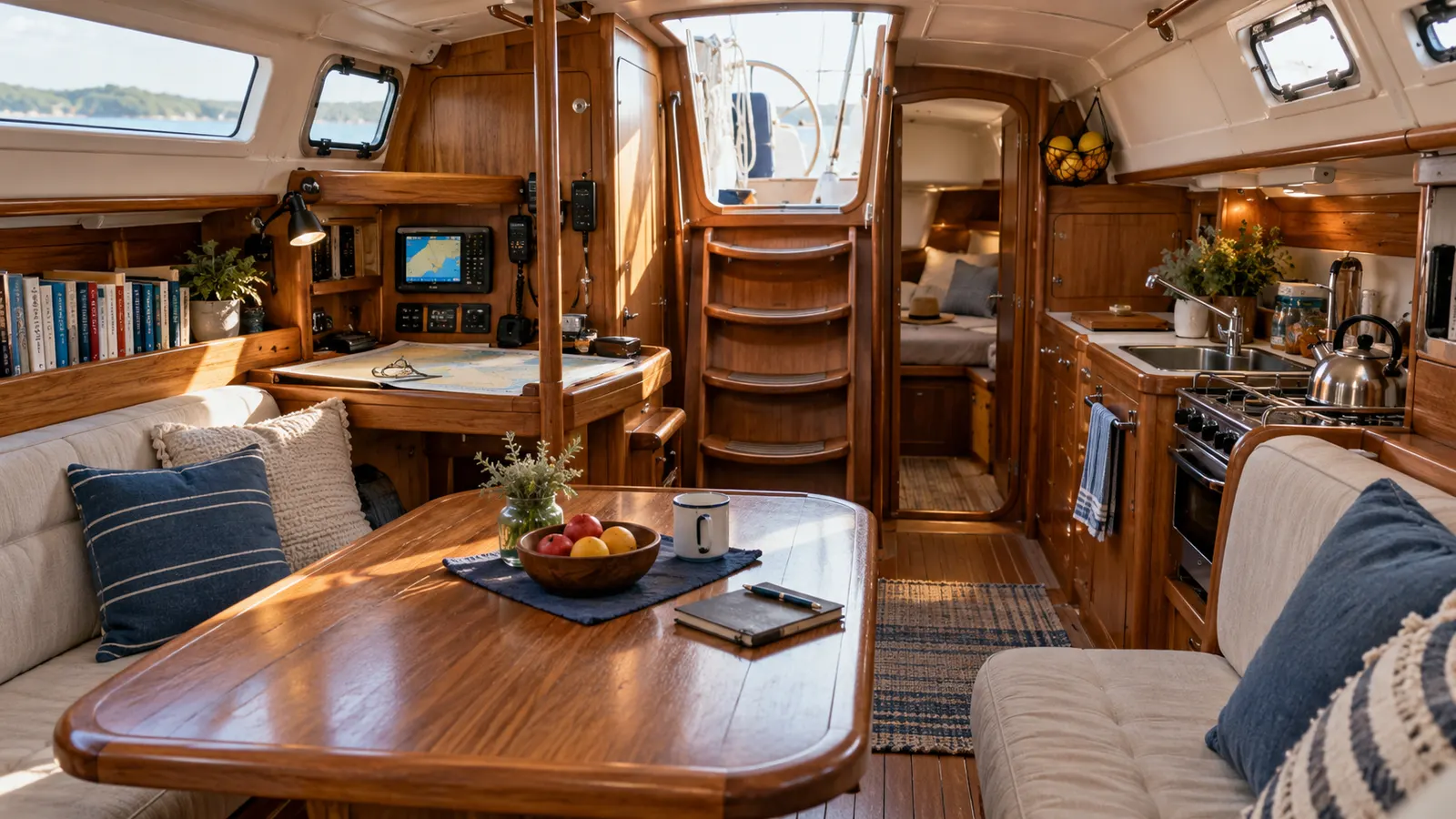 Timber yacht saloon with seating, books and a galley