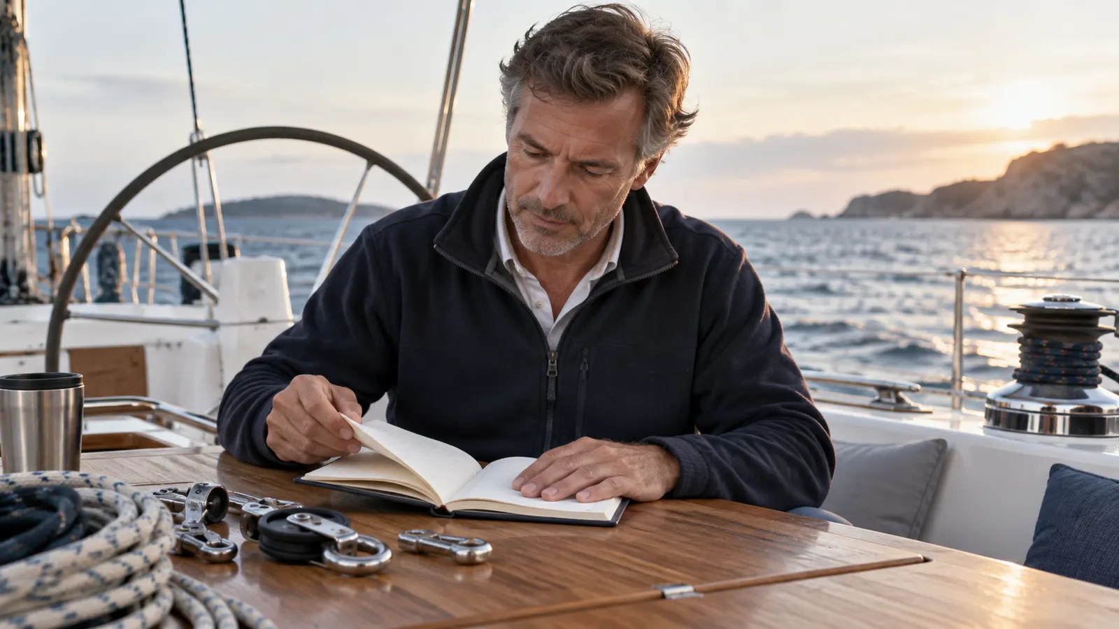 Yacht owner writing maintenance notes at a cockpit table
