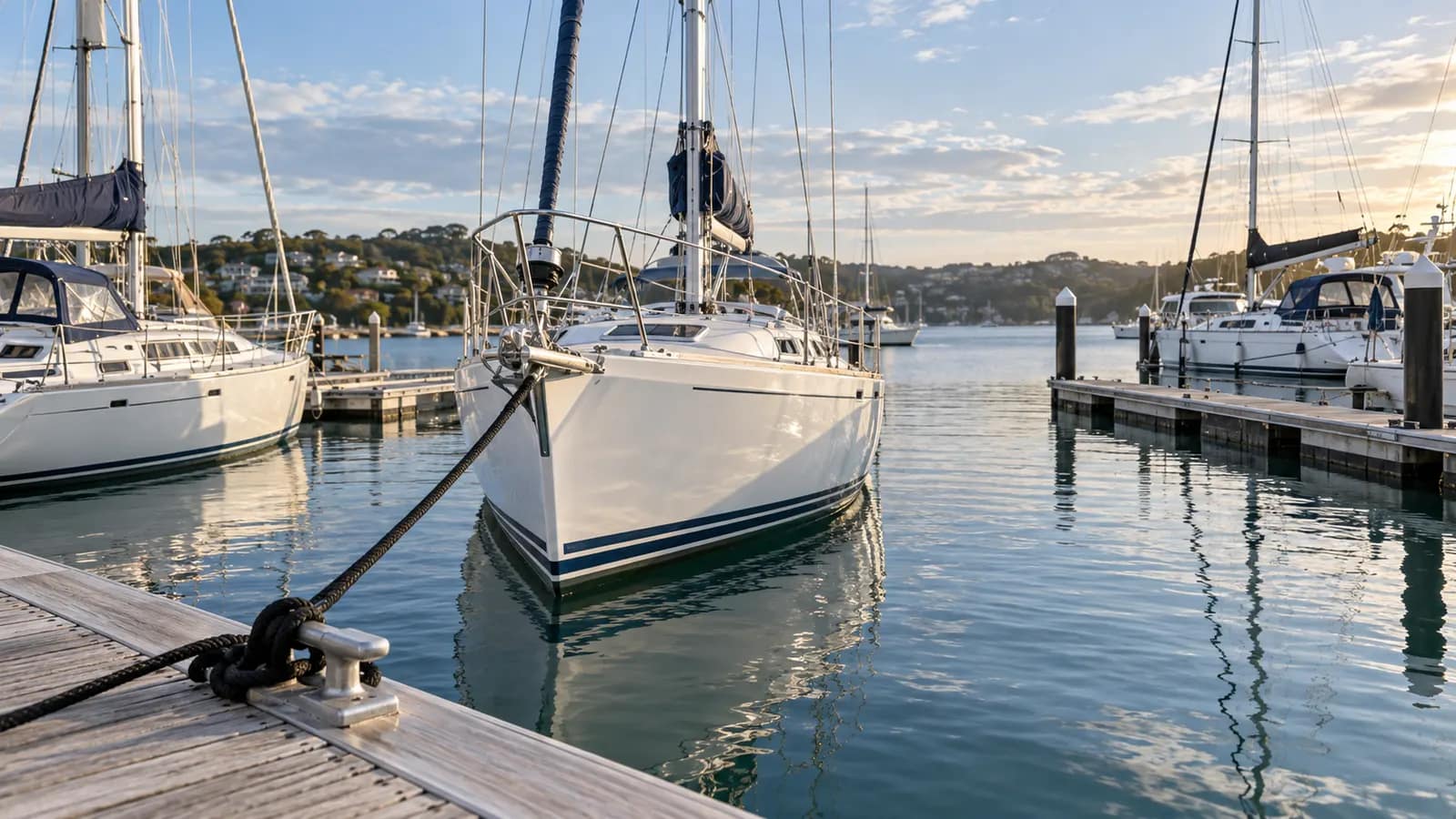 Yachts beside floating marina pontoons with foreground mooring lines