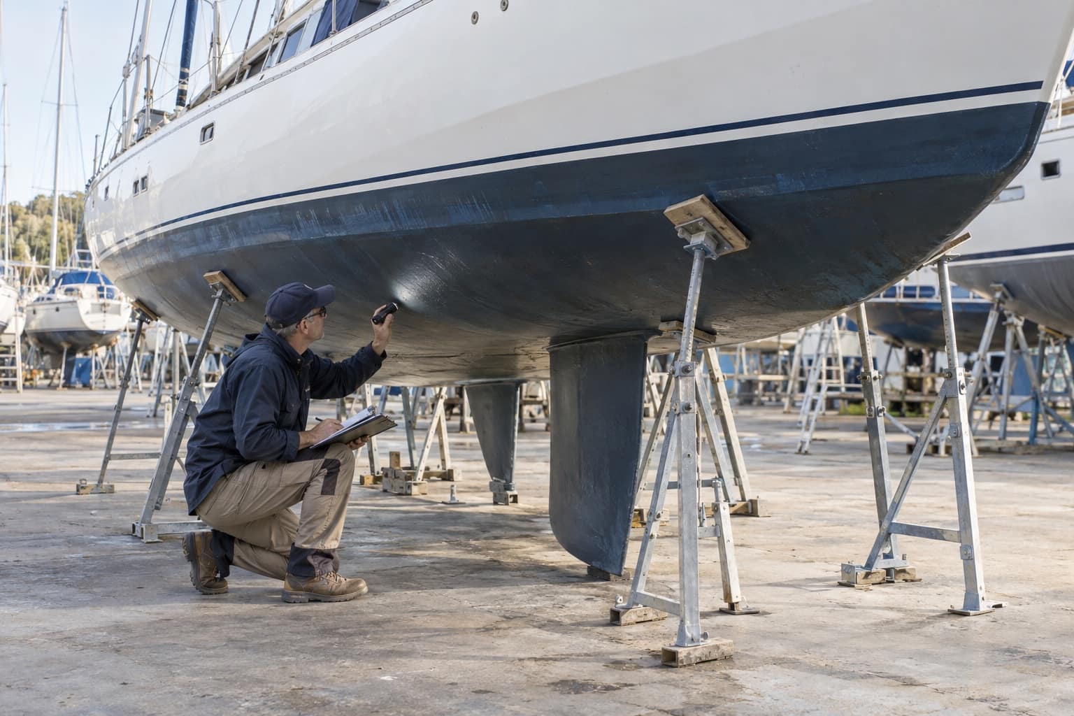 Marine surveyor inspecting the hull and keel of a yacht on a hardstand