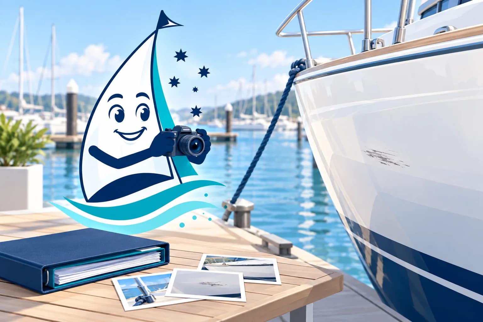 Our sail mascot documenting a yacht hull scuff with a camera and organised photographs
