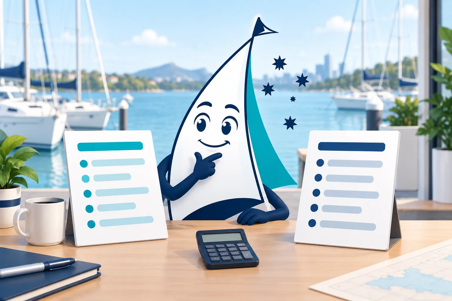 Our sail mascot comparing two document boards beside a calculator