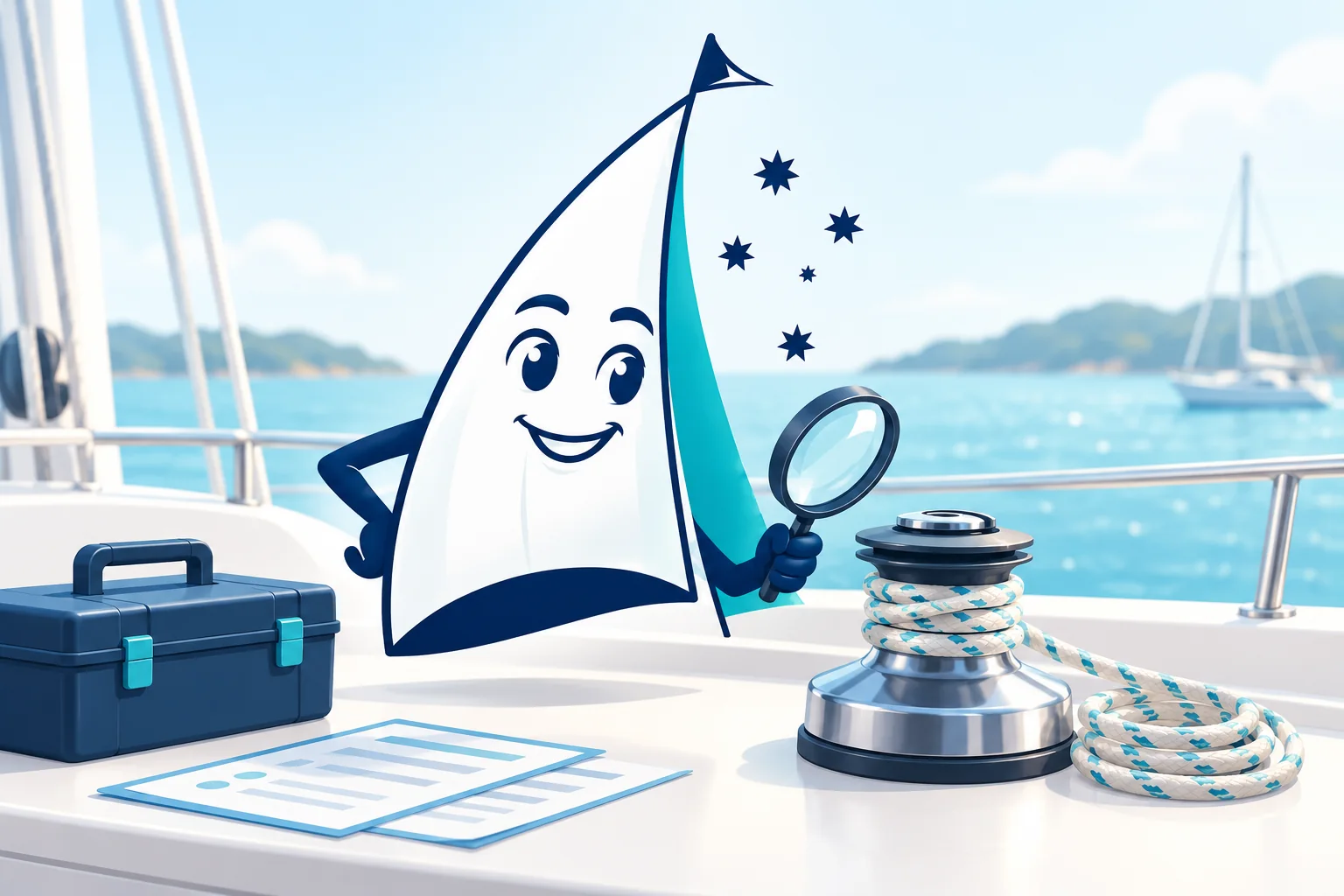 Our sail mascot inspecting a yacht winch beside service records and a toolbox