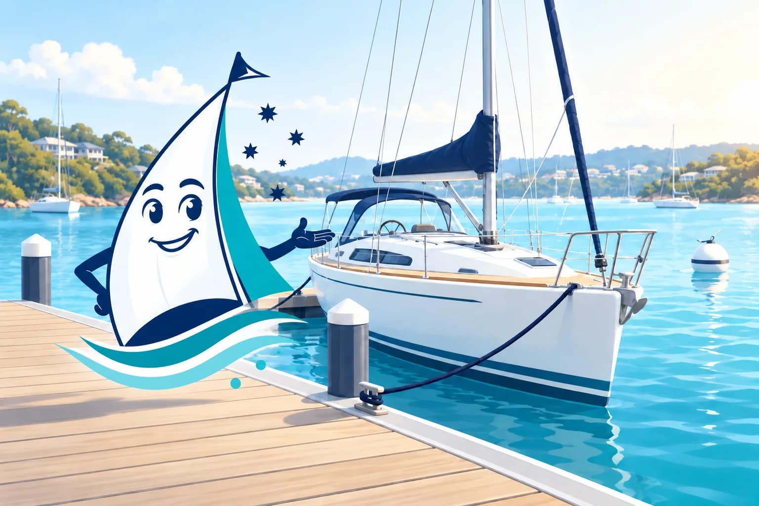 Our sail mascot beside a yacht at a marina pontoon with a mooring buoy beyond