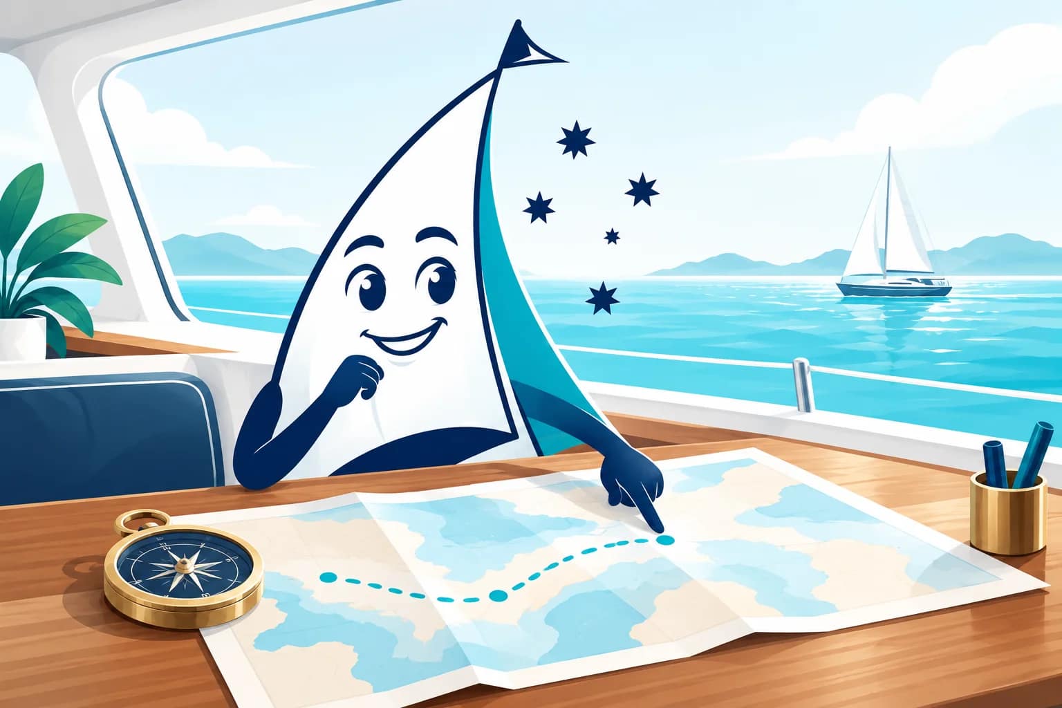 Our sail mascot studying an illustrated passage chart with a compass