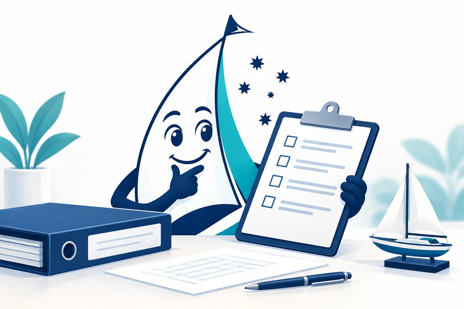 Our sail mascot reviewing a clipboard beside a policy folder and model yacht