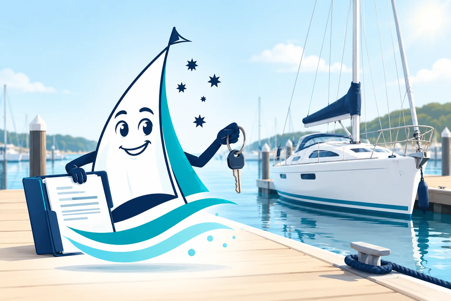 Our sail mascot holding yacht keys and a document folder beside a cruising yacht