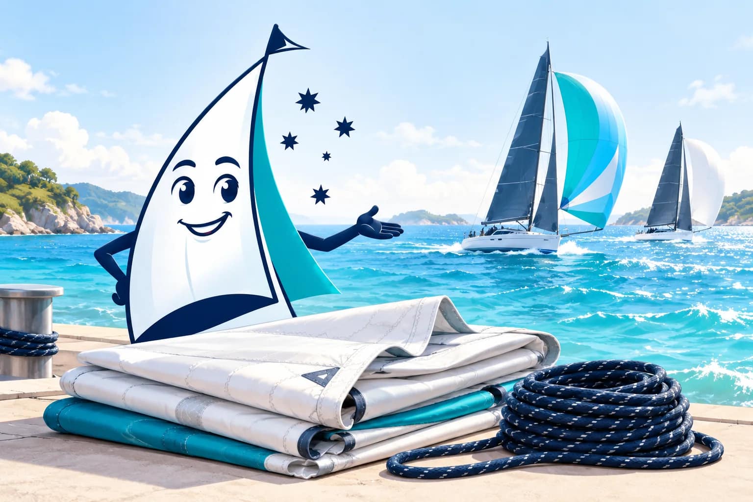 Our sail mascot beside folded sails and coiled line with two sailing yachts behind