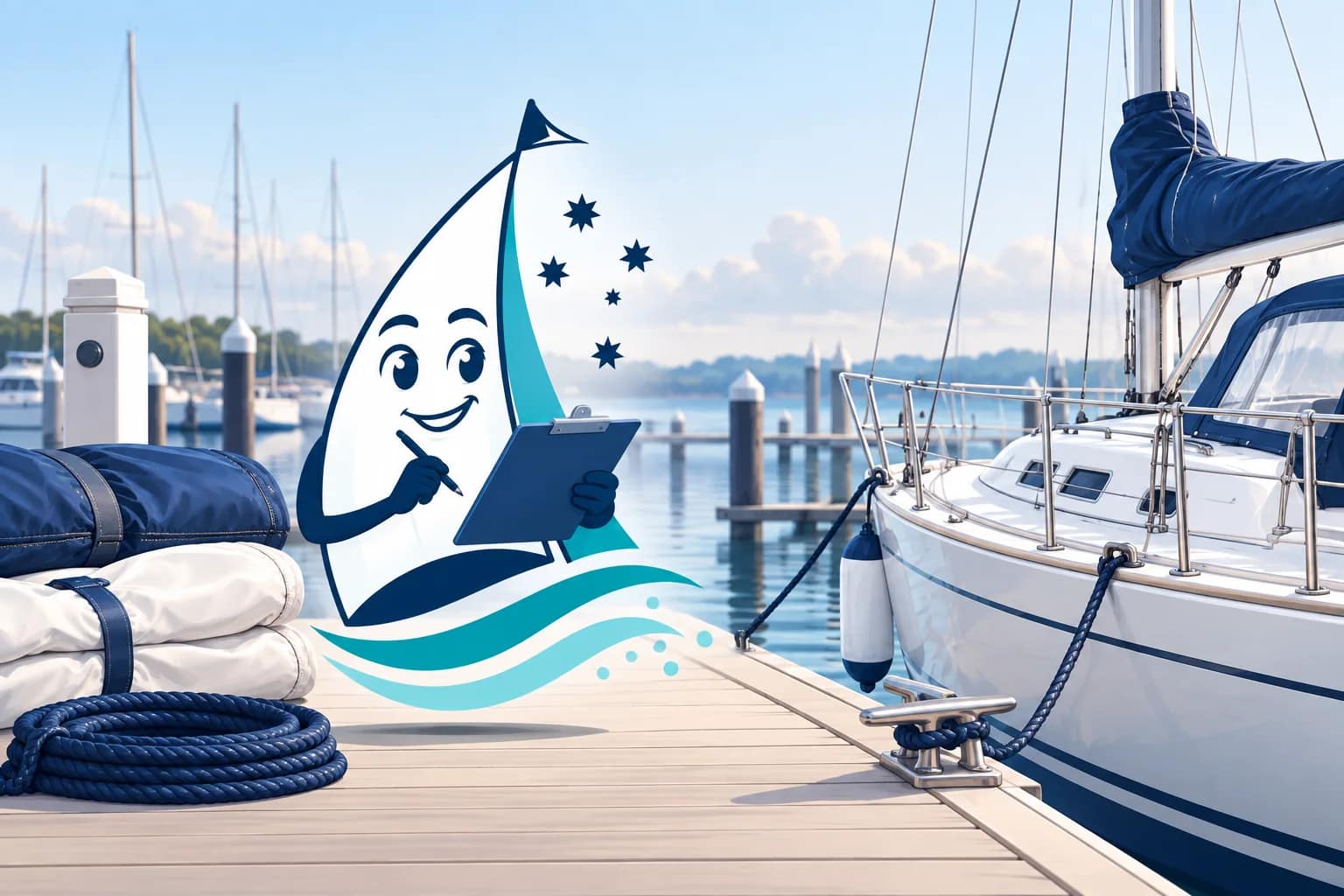 Our sail mascot reviewing a clipboard beside stowed sails and a yacht in a quiet marina