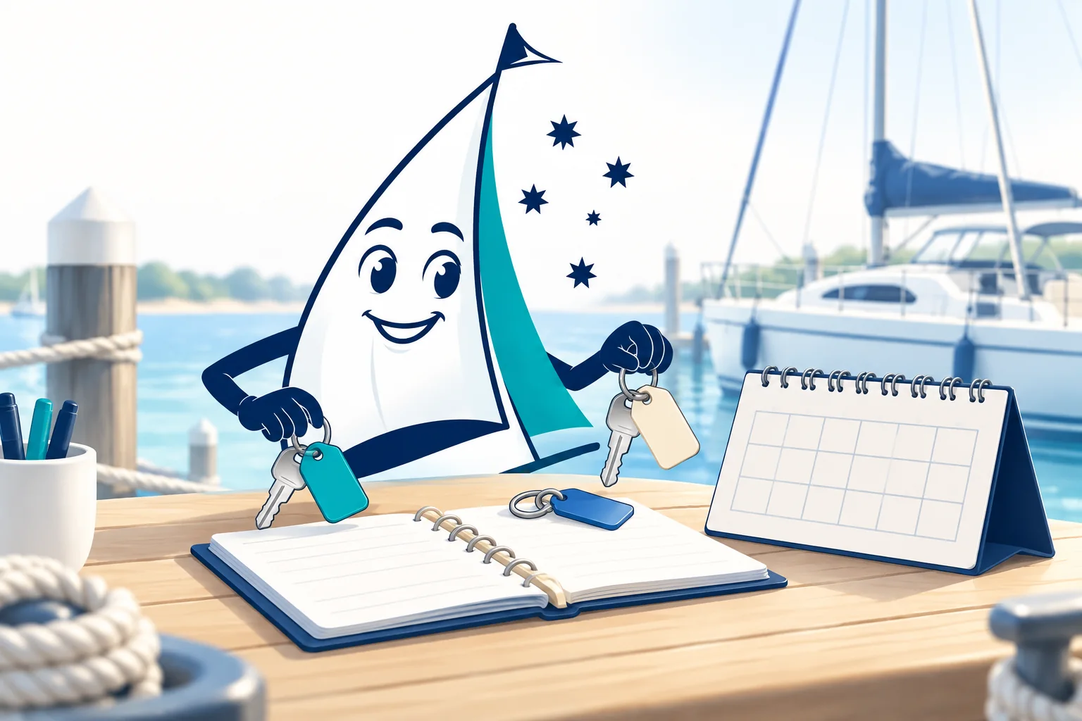 Our sail mascot organising yacht keys beside a shared logbook and calendar