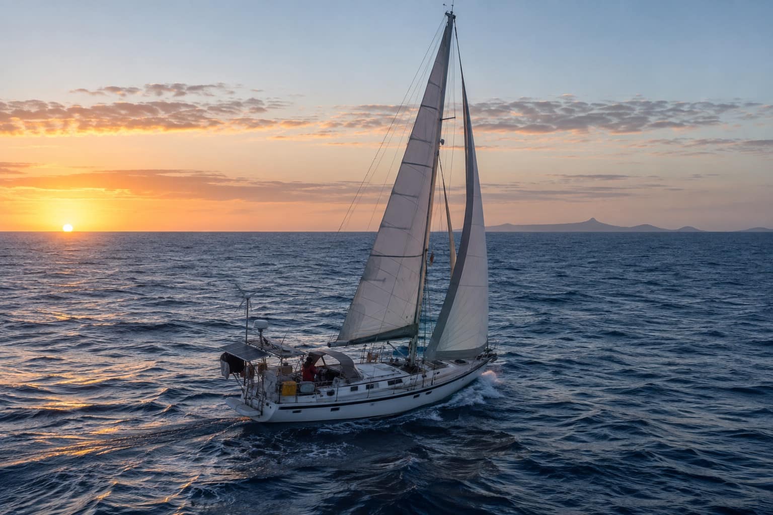 Offshore cruising yacht sailing at dawn in open water