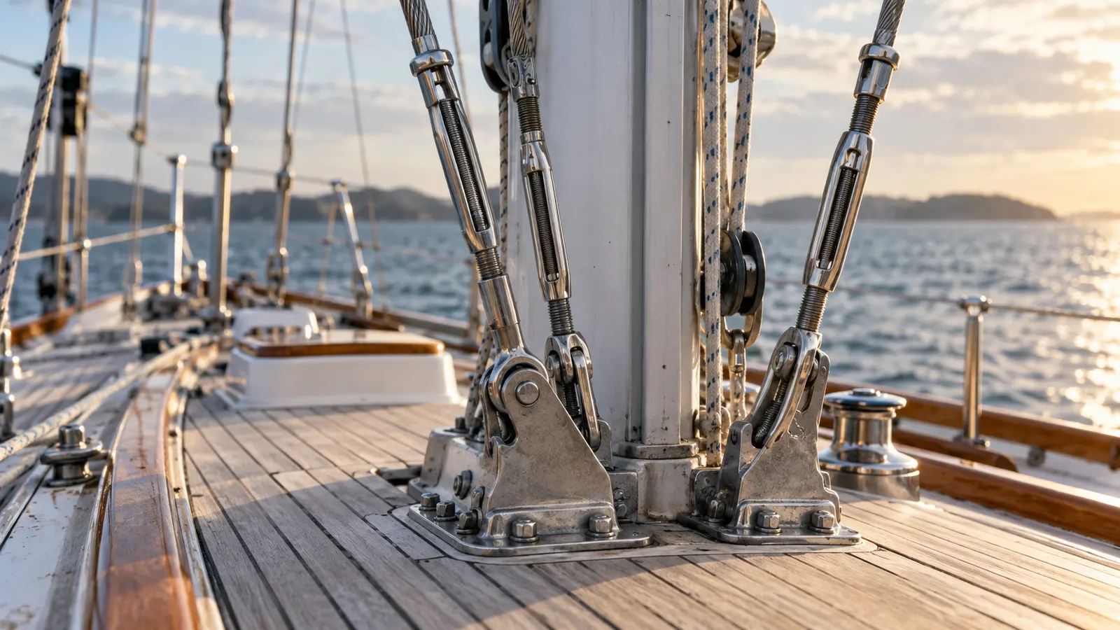 Mast base and stainless rigging fittings on a yacht deck