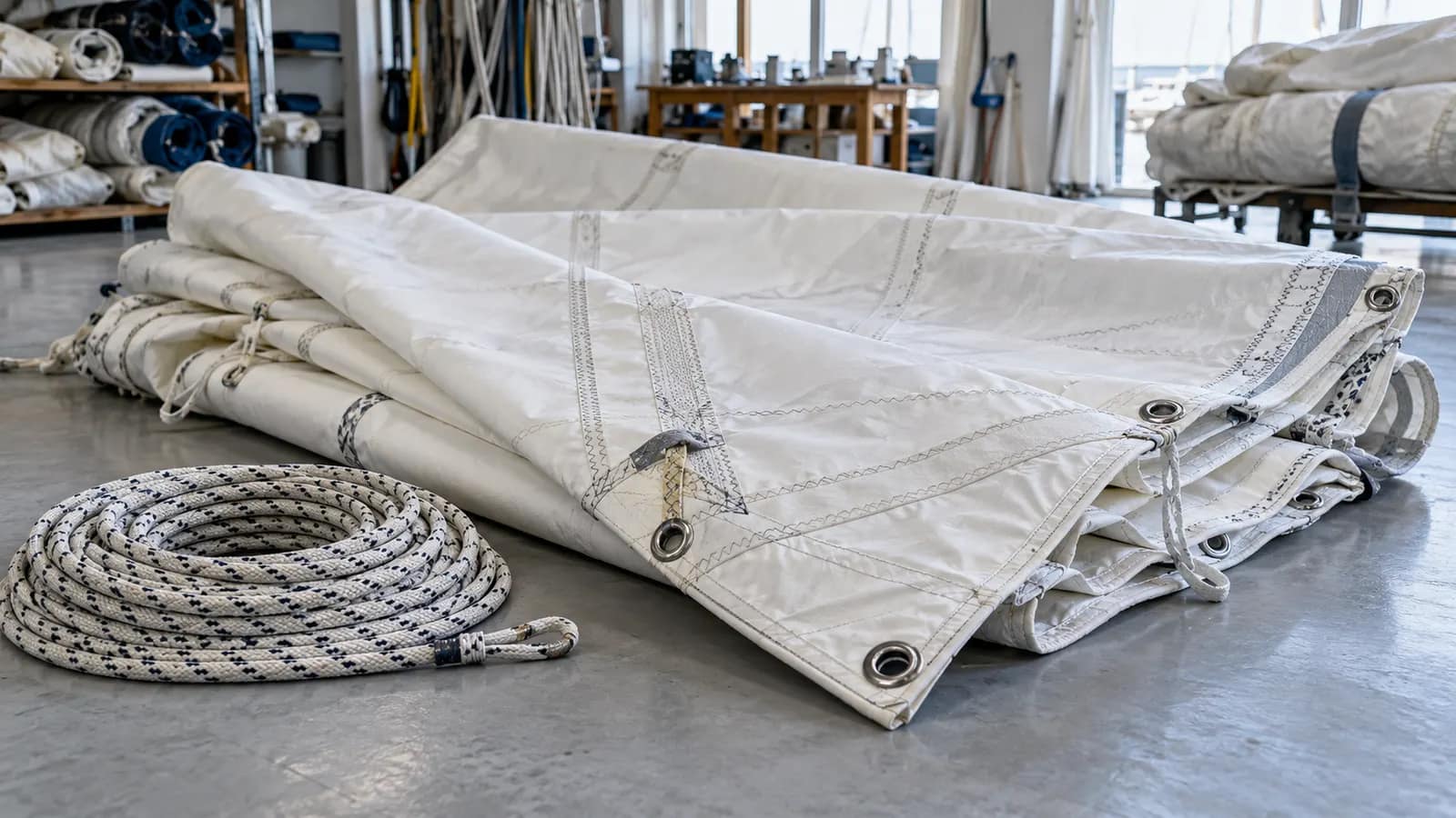 Folded white sails and coiled ropes in a sail loft