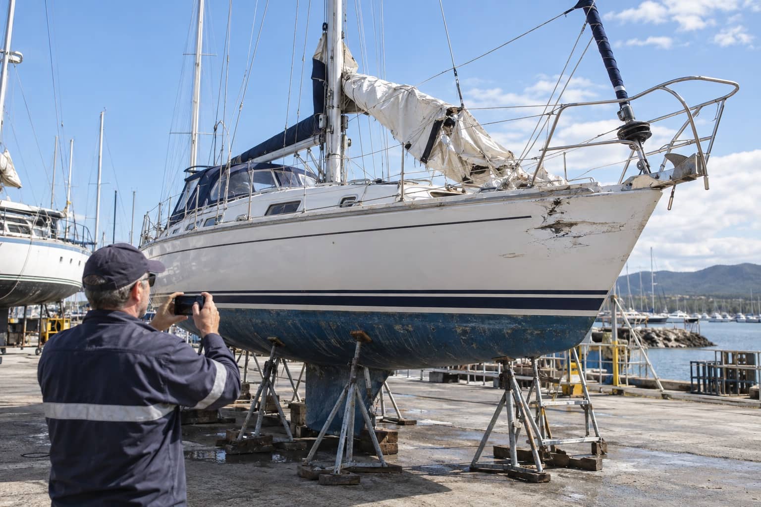 Storm-damaged sailing yacht being photographed on a boatyard hardstand
