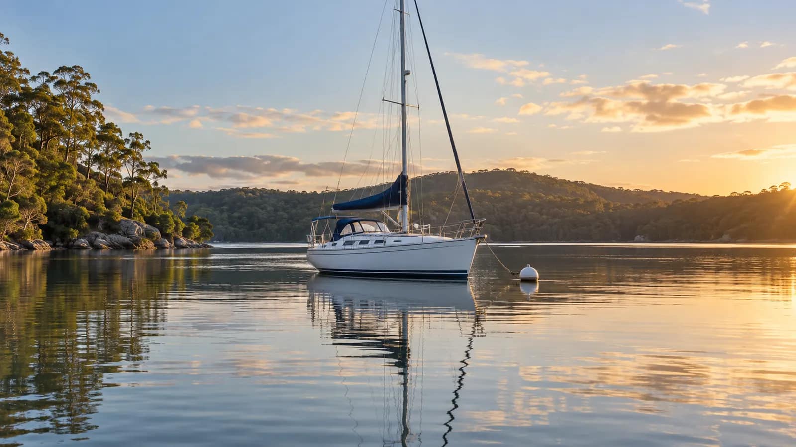 Sailing yacht at a mooring in a sheltered estuary