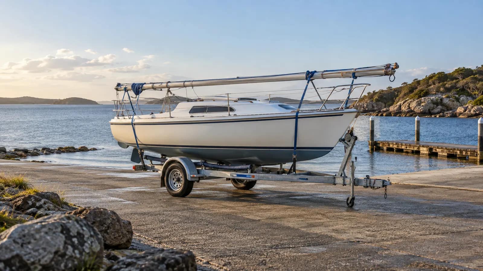 Small sailing yacht on a road trailer beside a launching ramp