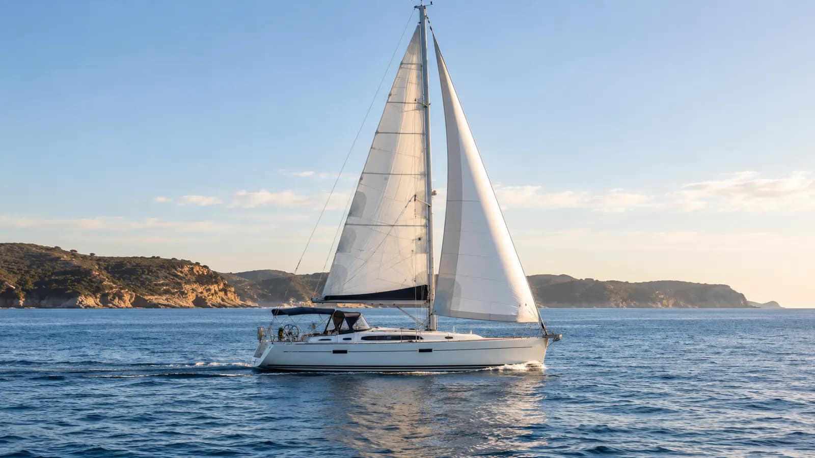 Cruising monohull under sail near a rocky coast